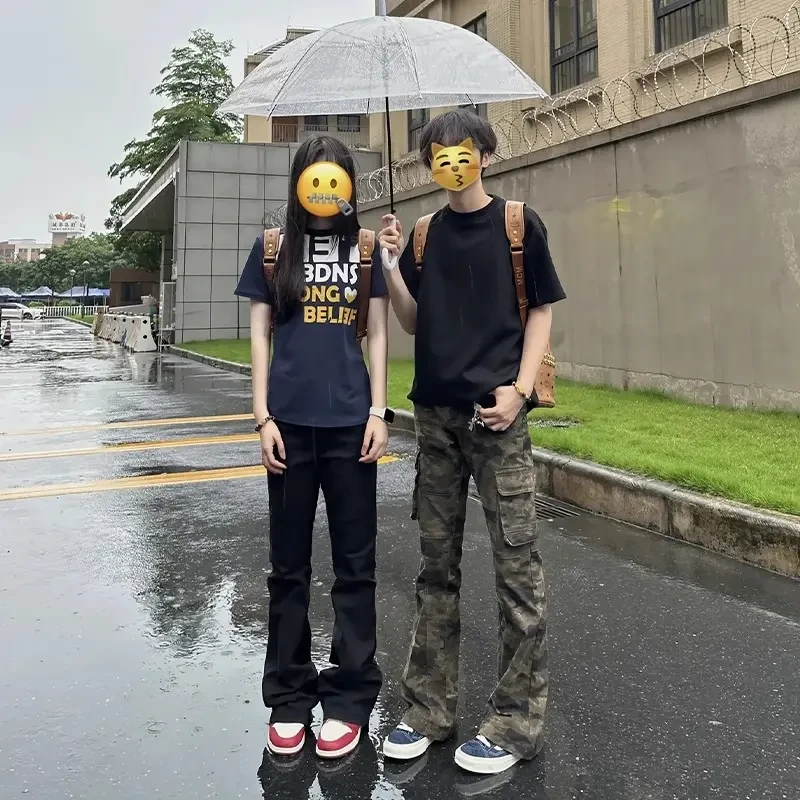美式迷彩弯刀牛仔裤男款夏季潮牌设计感多口袋工装裤窄版微喇裤子