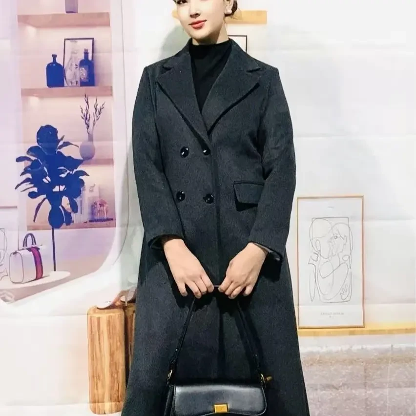 女士长款过膝厚修身秋冬羊毛大衣