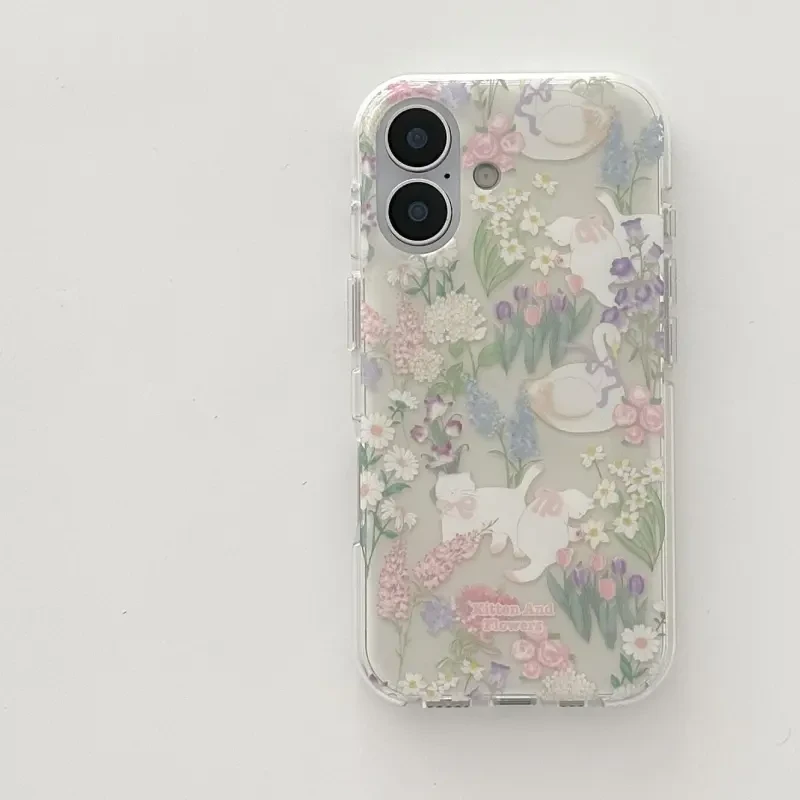 小清新花朵猫咪适用iPhone16大孔手机壳华为vivo小米14oppo防摔女