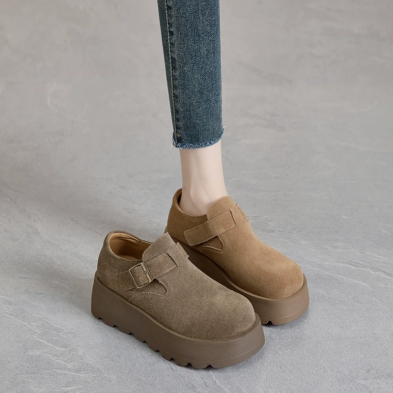 真皮全包勃肯鞋女2025春季新款厚底增高乐福鞋时尚百搭休闲单鞋潮