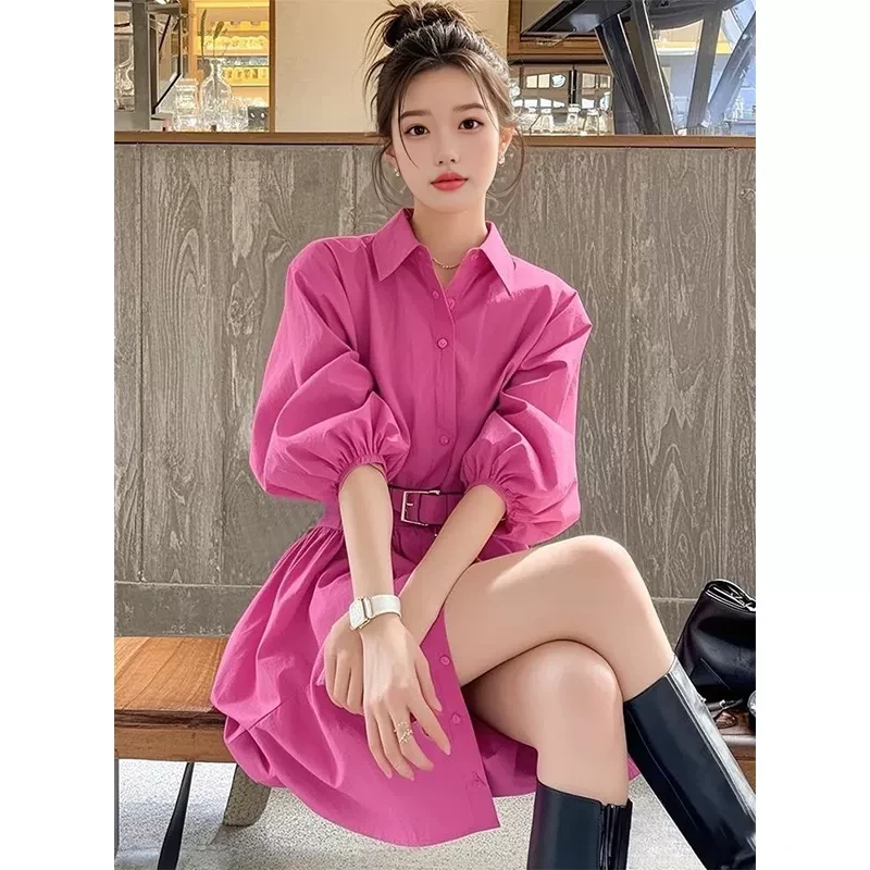 法式气质玫红色翻领长袖衬衫连衣裙温柔风小众不撞款收腰a字短裙