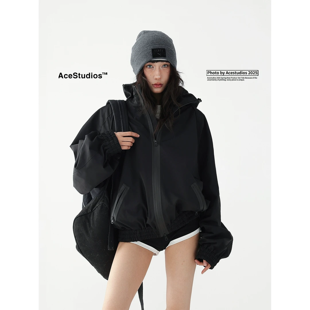 Acestudios 2025春季黑色户外登山防风工装冲锋衣连帽夹克外套女