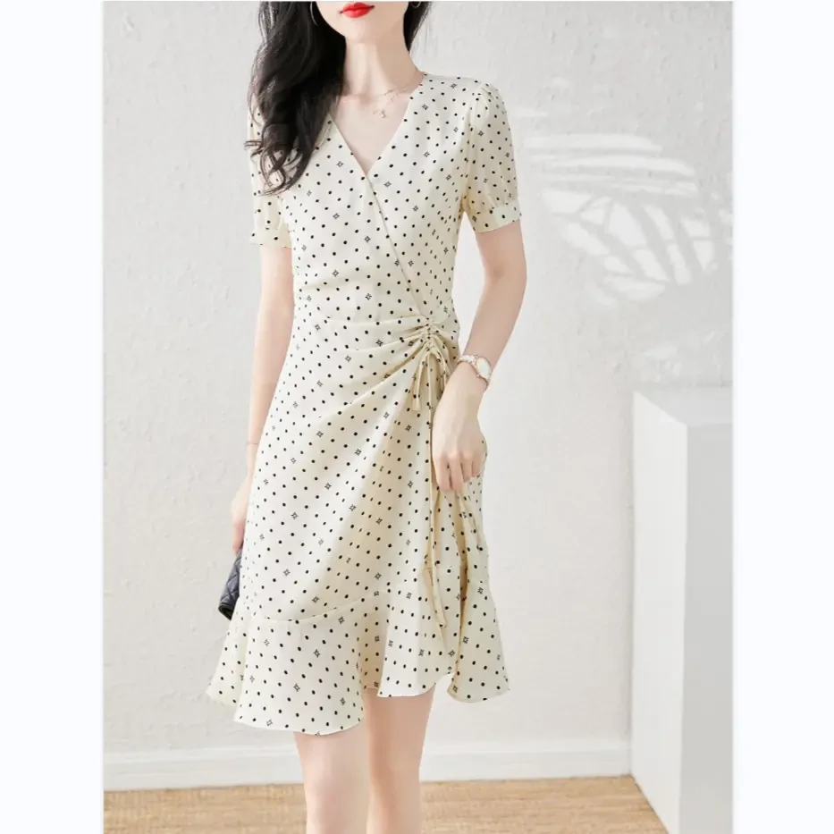 法式波点印花雪纺连衣裙女 新款褶皱收腰显瘦气质荷叶边裙子中长