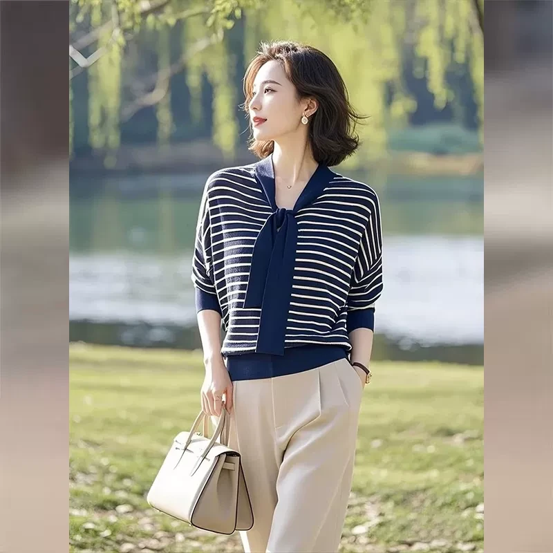 蓝色条纹蝴蝶系带针织打底衫女装2025春季新款气质轻奢高级感上衣
