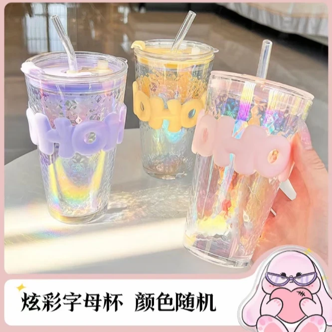韩系高颜值情侣炫彩字母吸管杯玻璃杯子ins大容量吸管玻璃水杯