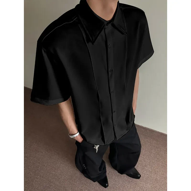黑色冰丝短袖衬衫男高级感痞帅成熟稳重男装轻熟风七分袖解构衬衣