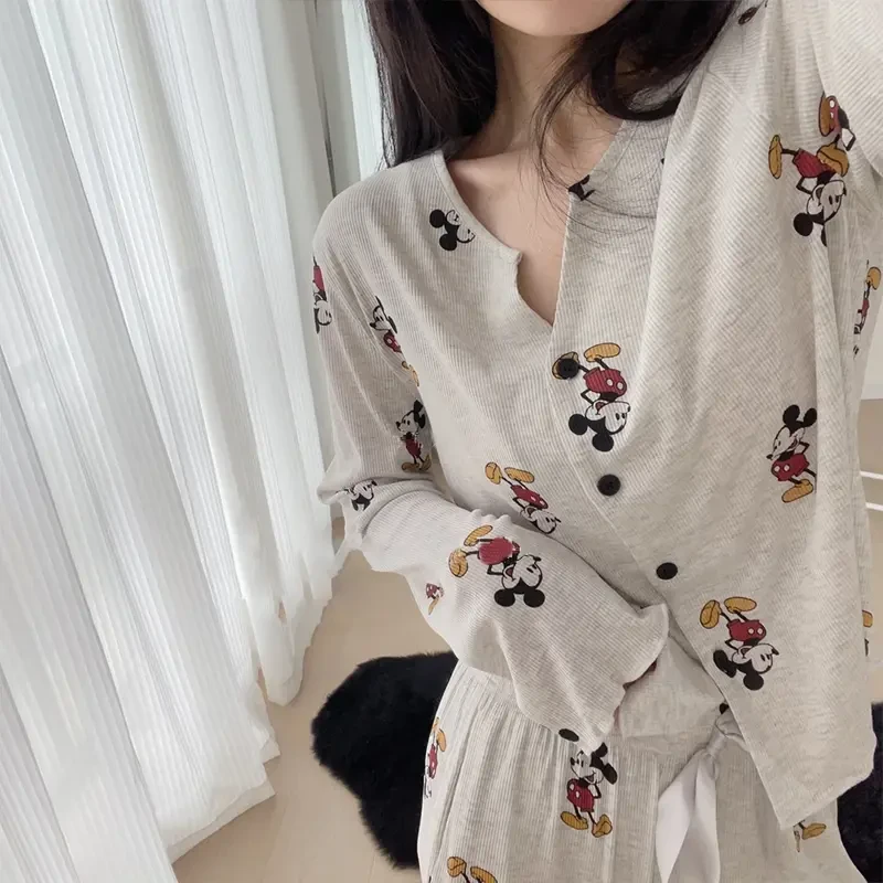 卡通可爱米奇亲肤莫代尔冰丝睡衣女开衫春秋季长袖长裤家居服套装