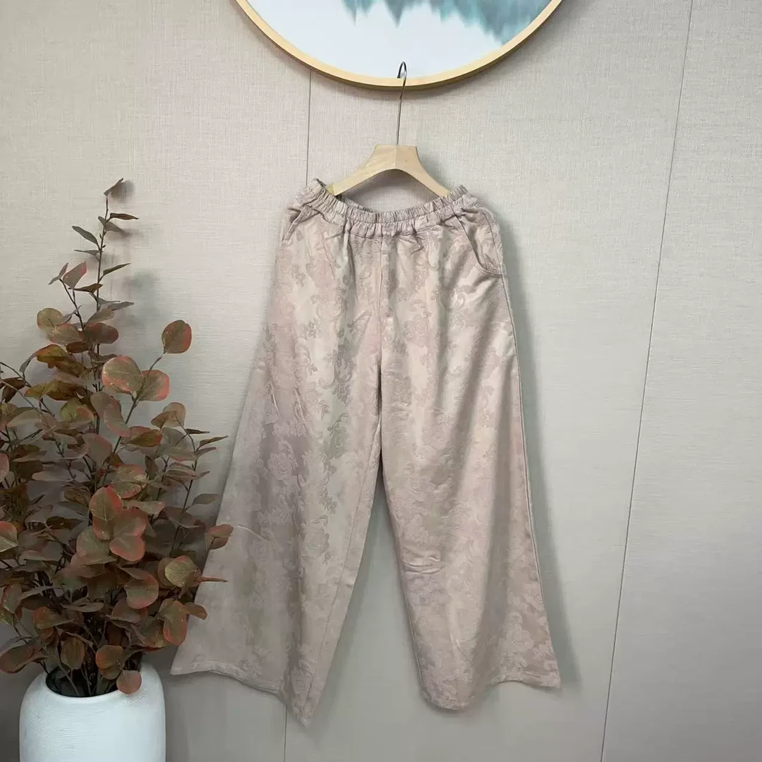 复古棉麻提花内里包边松紧腰休闲裤女新款文艺大码显瘦阔腿直筒裤