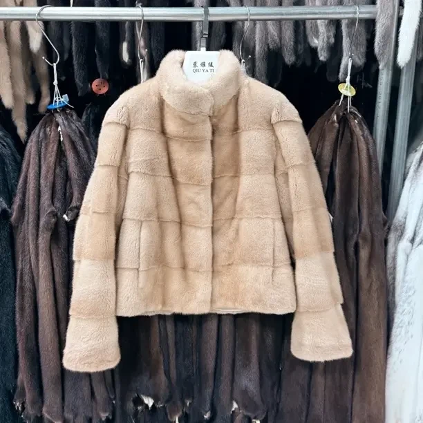 进口水貂横排新工艺沙金色短款立领横排55衣长时尚洋气水貂外套