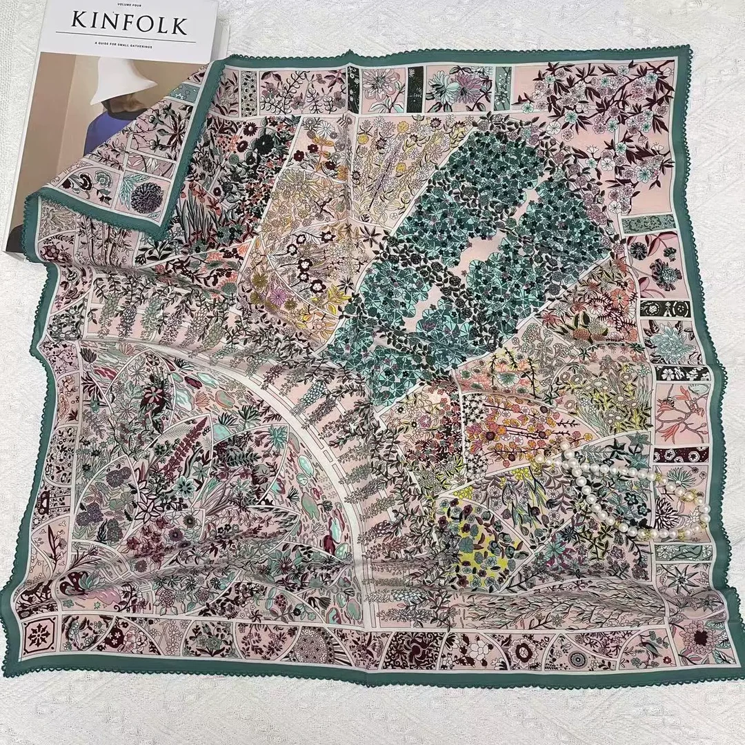 【莫奈花园】65cm100%桑蚕丝14姆米花边双绉丝巾围巾小方巾礼物