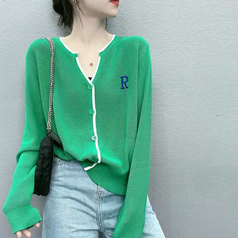 欧货开衫薄款女2025早春夏季新款冰丝针织衫字母v领宽松防晒上衣