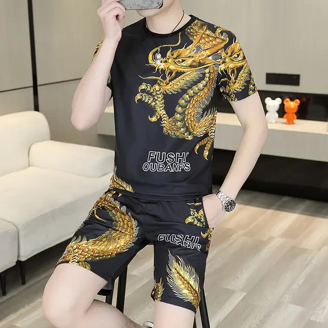 2025夏季新款短袖套装男士冰丝休闲运动百搭两件套帅气个性男装潮