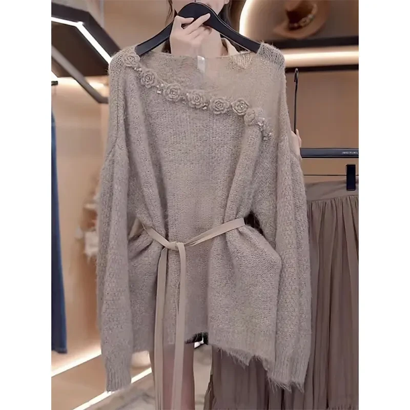 大码女装胖MM慵懒高级感长袖针织衫女秋冬季收腰显瘦系带镂空上衣