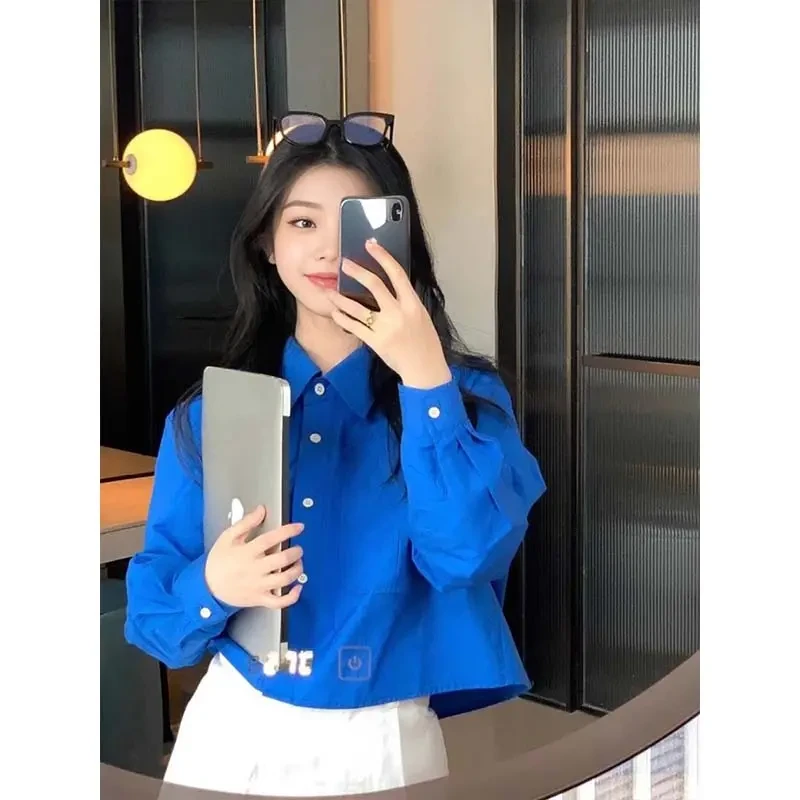 克莱因蓝翻领长袖衬衫女设计感小众春秋宽松百搭通勤短款小衫上衣