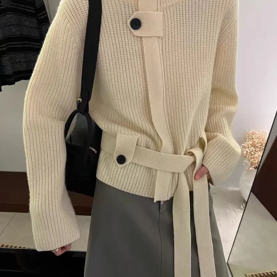 韩版立领长袖针织衫女秋冬收腰设计感小众软糯毛衣不规则绑带上衣