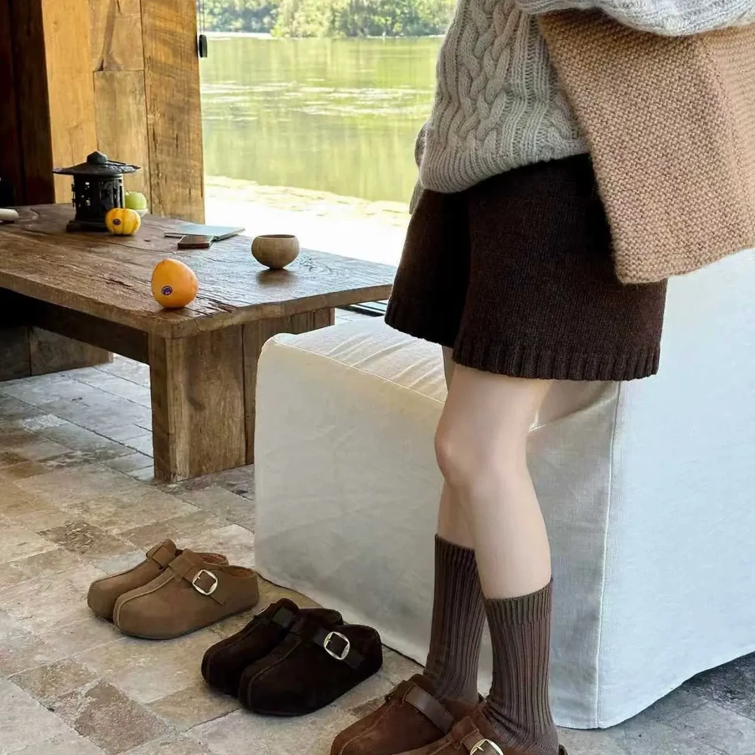 勃肯鞋女秋冬加绒内增高厚底软真皮包头勃肯拖