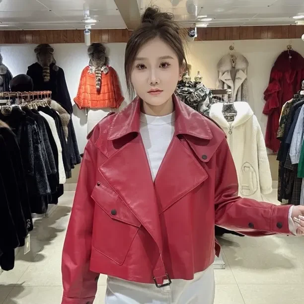 女士真皮皮衣短款皮夹克春秋外套修身韩版宽松百搭小个子