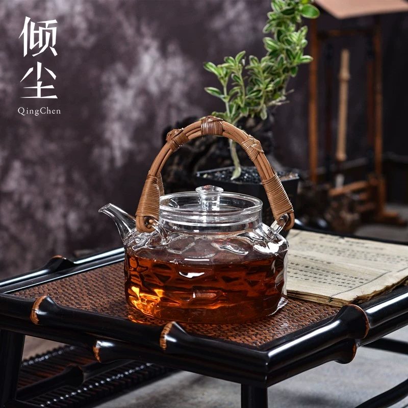 水立方玻璃壶手工藤编提手耐高温茶壶水壶提梁壶煮茶壶水壶泡茶器