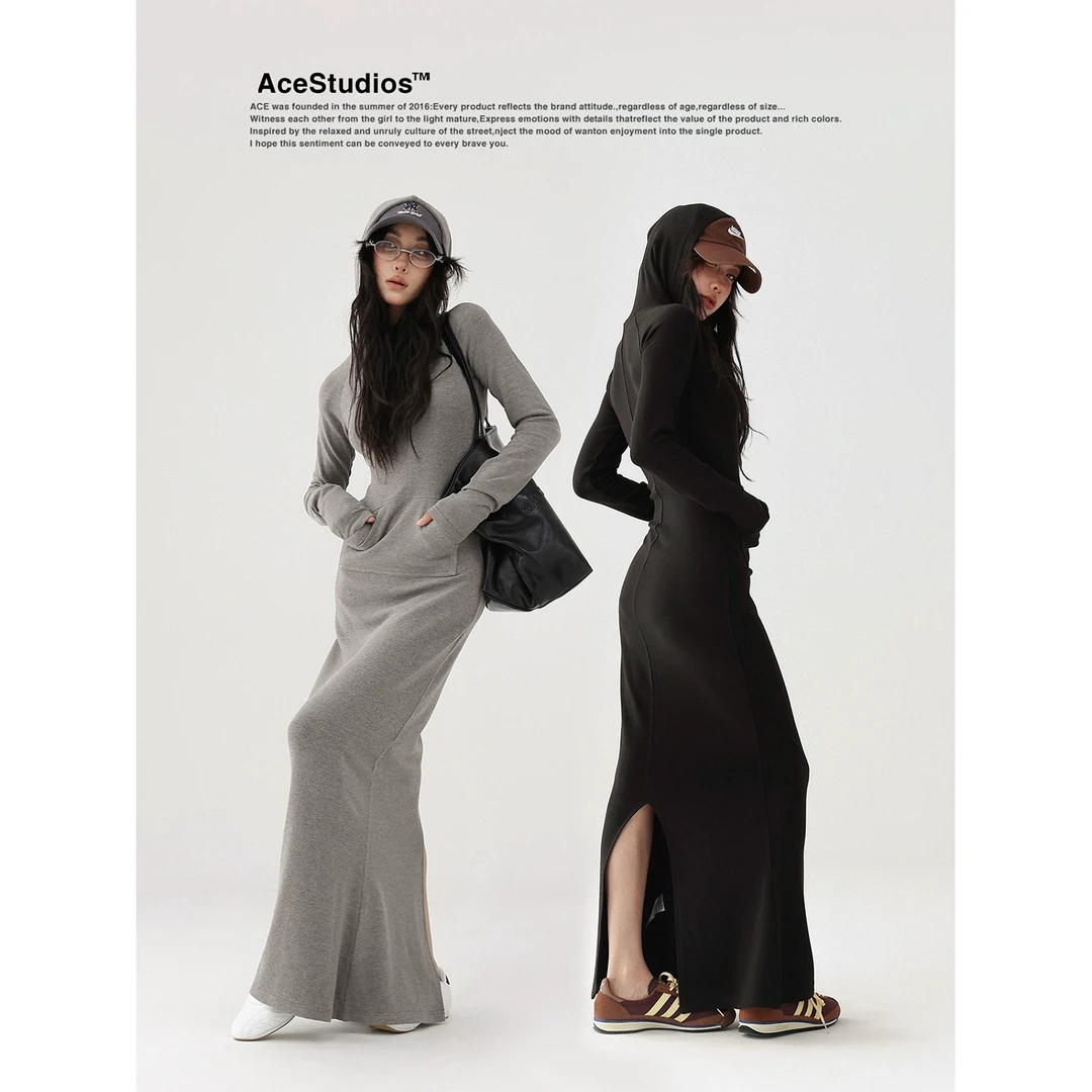 Acestudios 气质简约纯色修身包臀裙后开叉打底亲肤连帽连衣裙女