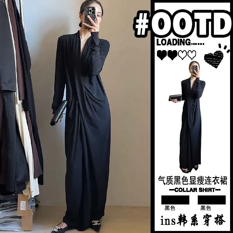 法式大尺码V领长版洋装女2025新款松弛感宽松T恤裙休闲长袖小黑裙