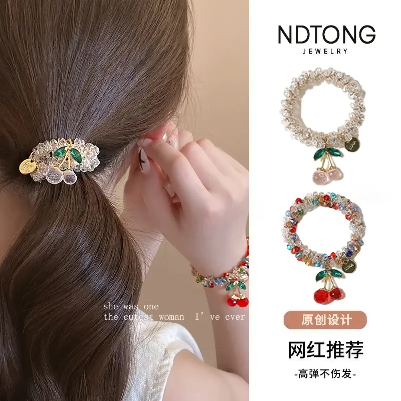 韩国水钻彩色气质不伤发手链两用发圈闺蜜头绳发绳樱桃皮筋头饰女
