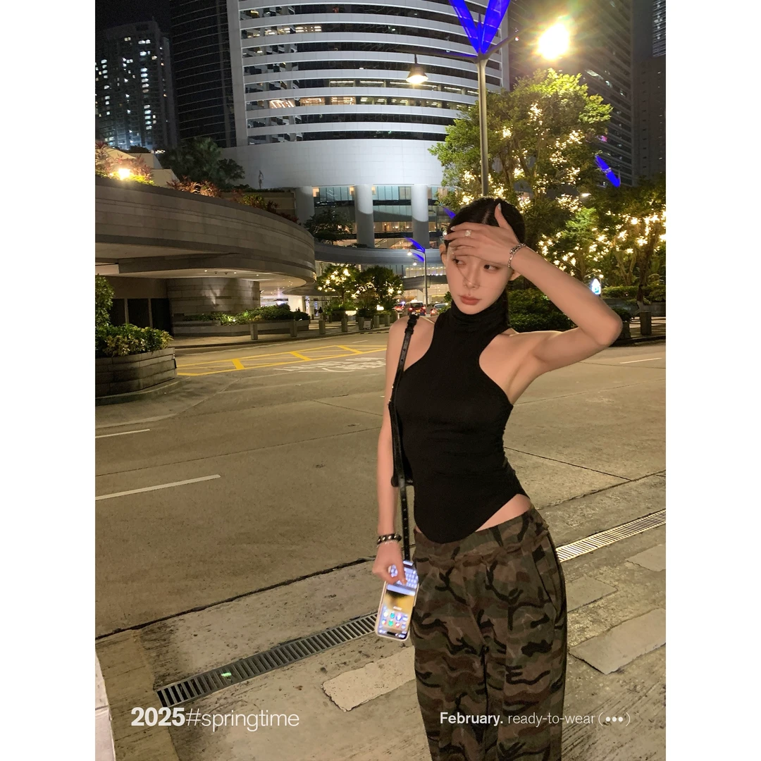 SUNONEONE 高领明线吊带背心女春季修身套头纯色工字上衣H0774D