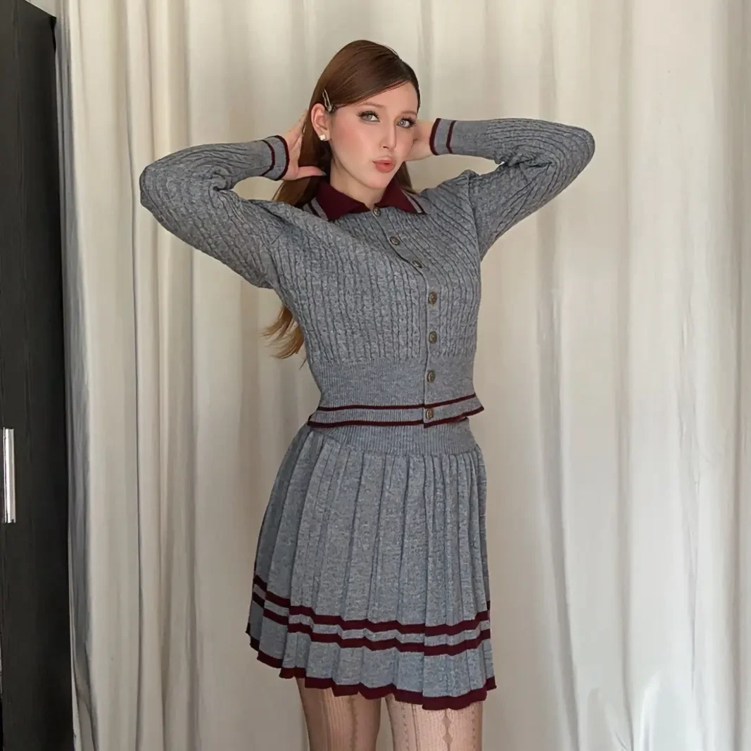 高级感小马刺绣学院风polo领针织衫百褶裙秋冬套装女