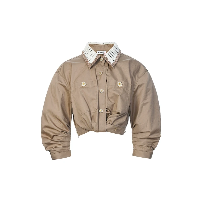 LE FAME/拉飞姆2025年春季新款卡其毛织撞领衬衫上衣LF25C61SB092