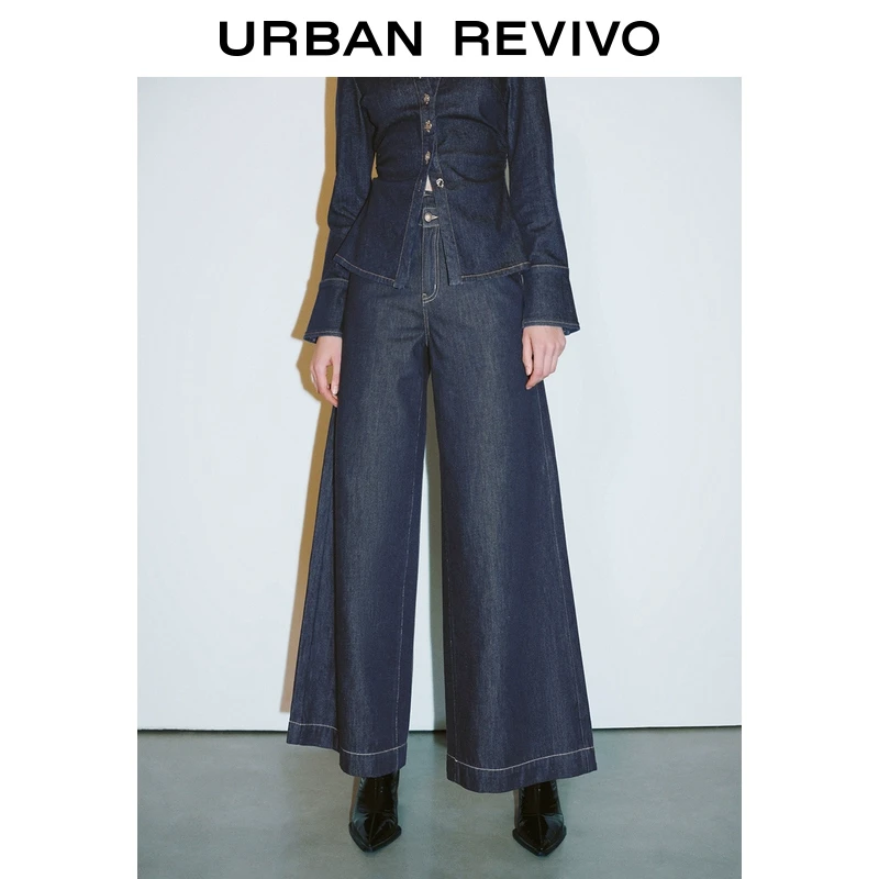 UR2025春季新款女装欧若风复古水洗木耳边腰头牛仔长裤UWG850060