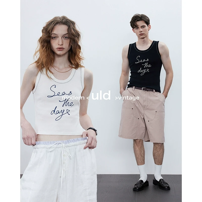 ULD/黑标云朵奶油肌理感手绘海岛绳绣无感弹力罗纹圆领背心