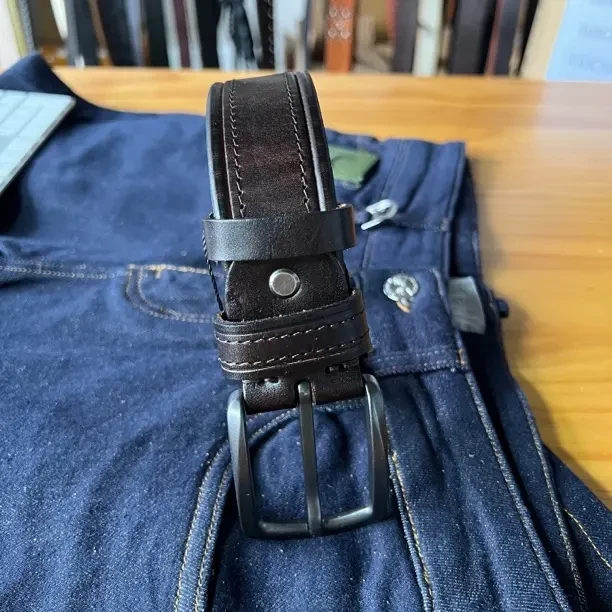 014#复古头层牛皮男士皮带手工针扣百搭休闲真皮腰带男款