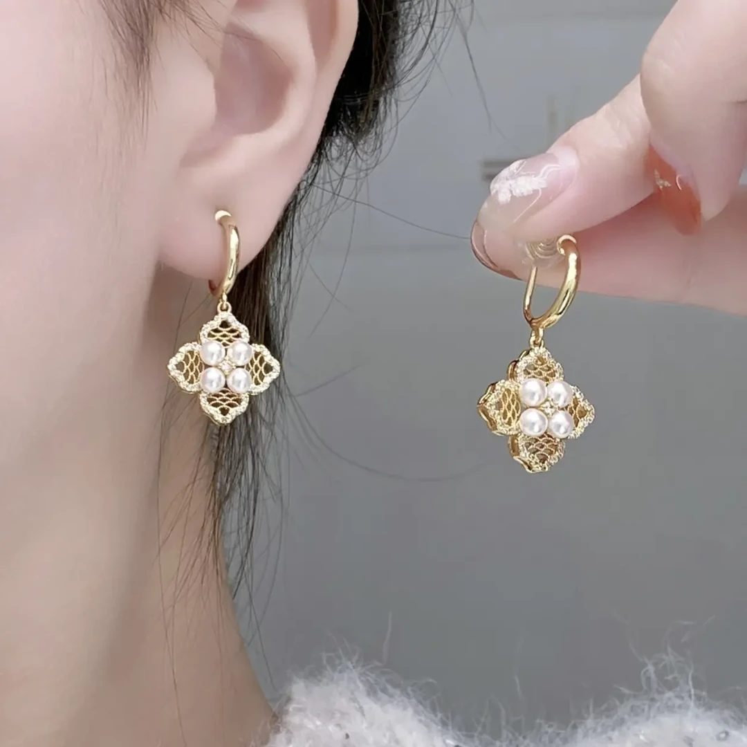 纯铜耳饰 镂空四叶草吊坠蚊香盘无耳洞耳夹气质小众时尚百搭耳饰