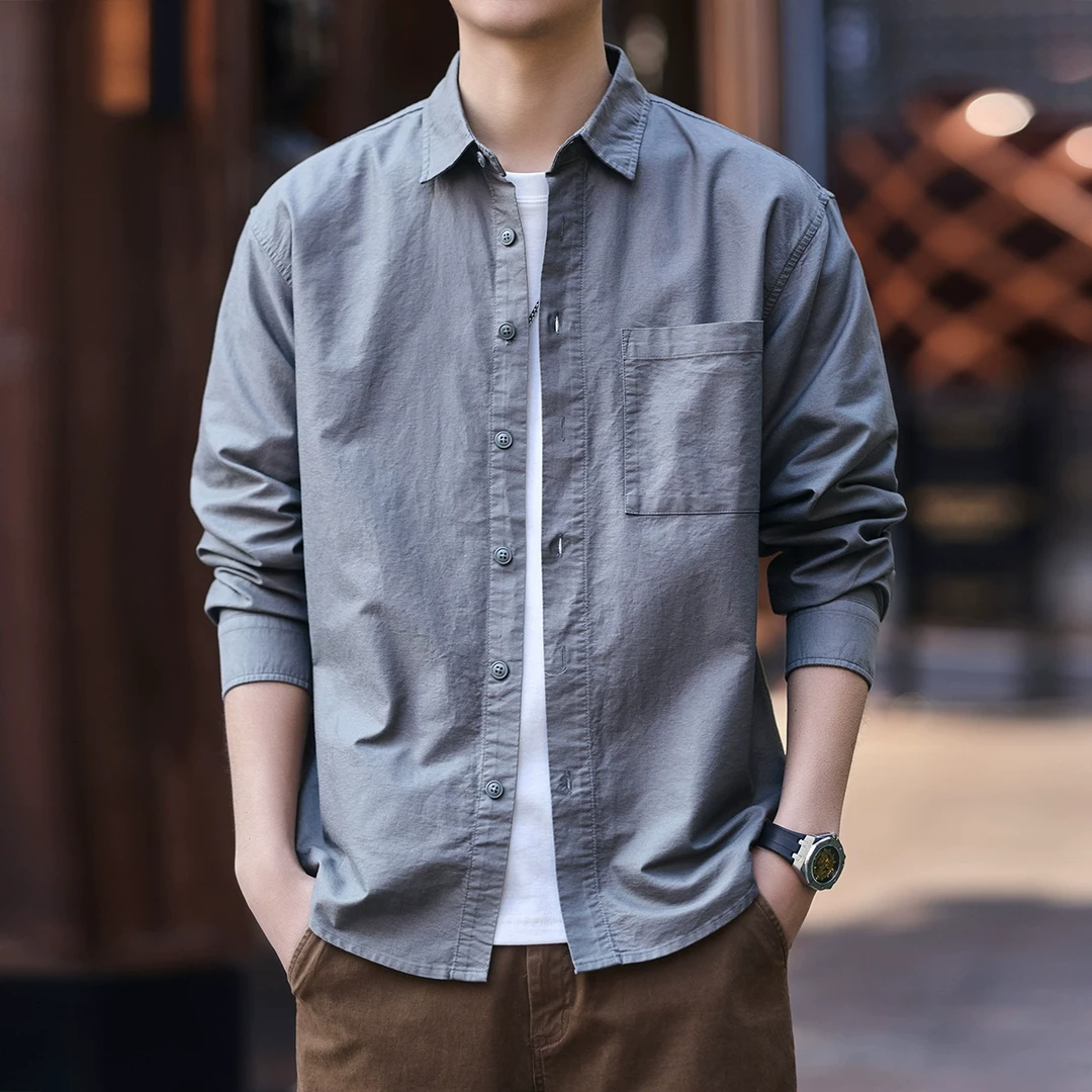 格蓝鹿美式复古工装长袖衬衫男2025秋季潮牌宽松纯色痞帅衬衣外套