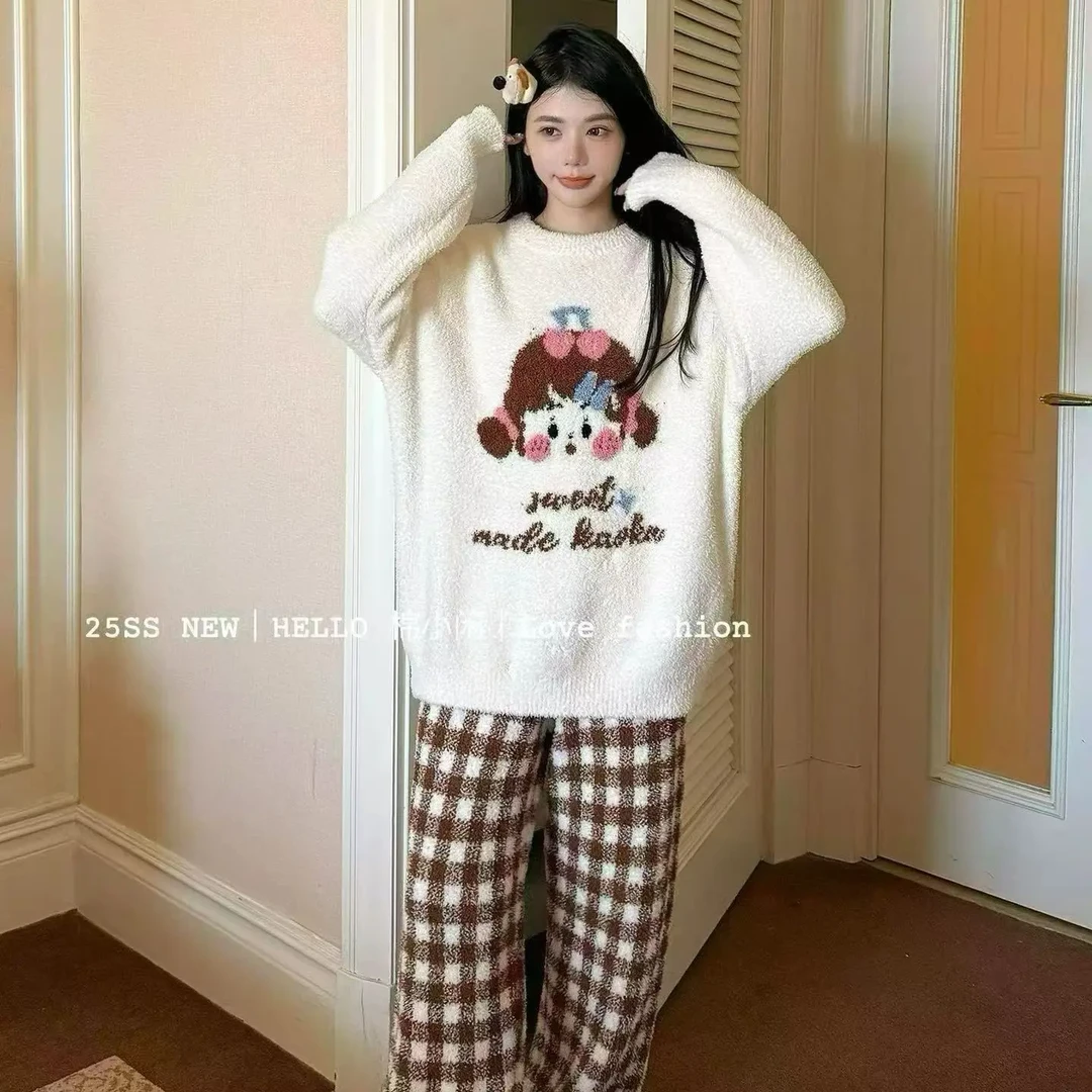 女士秋冬加厚保暖半边绒宽松睡衣套装外穿家居服