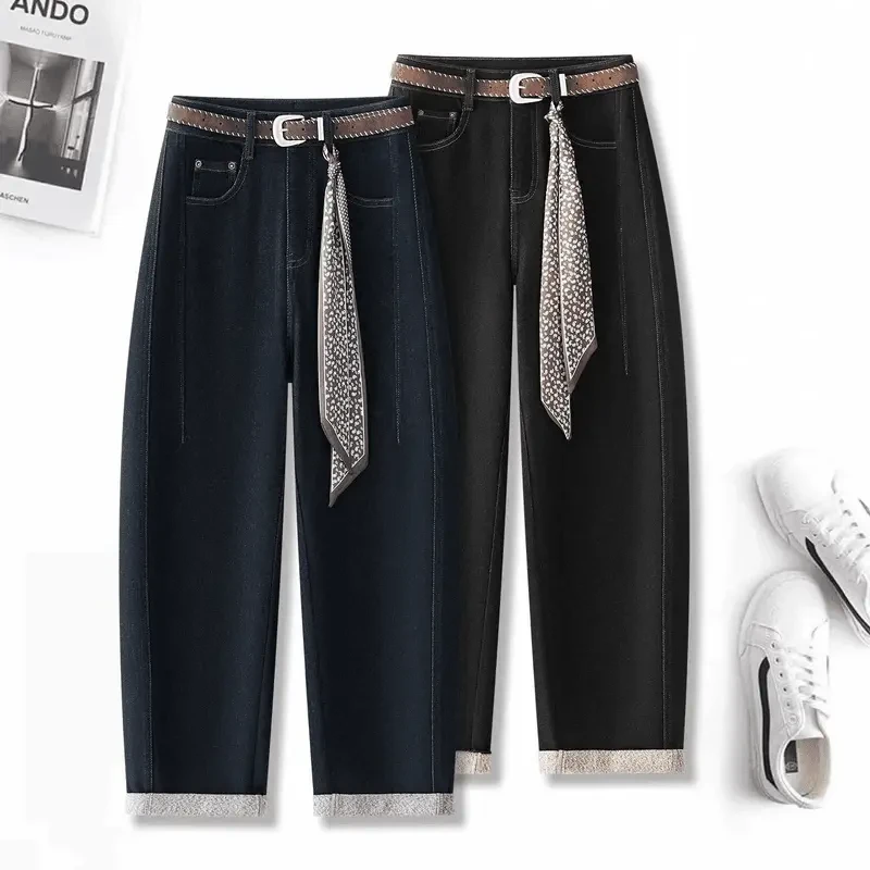 拉夏贝尔弯刀牛仔裤2025秋冬新款加绒加厚小个子高腰宽松百搭裤女