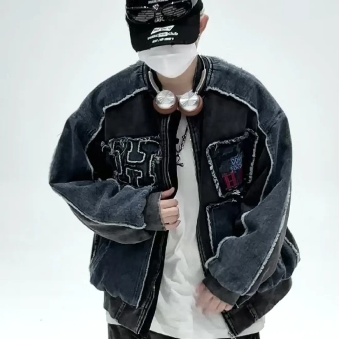 秋冬男女款水洗贴布刺绣拼接牛仔短宽版棉服外套3305