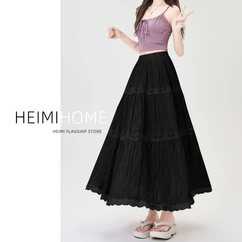 温柔风黑色蕾丝花边半身裙女夏薄款松紧腰a字仙女长裙褶皱蛋糕裙