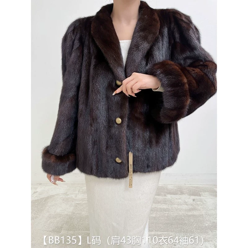 【BB135】L码 中古棕全抽短款貂皮大衣皮草外套 翻立领挽袖