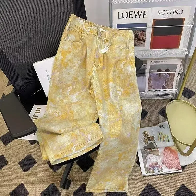 美式高街cleanfit提花满印牛仔裤男女潮牌设计感宽松百搭直筒长裤