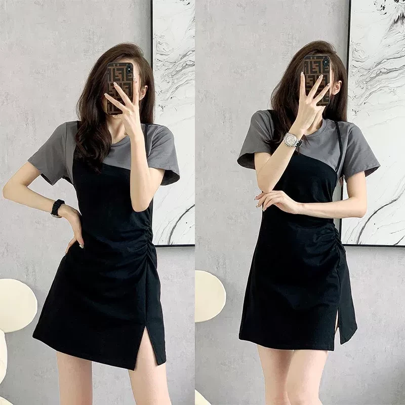 法式气质拼接假两件黑色连衣裙女夏季设计感小众收腰显瘦a字短裙