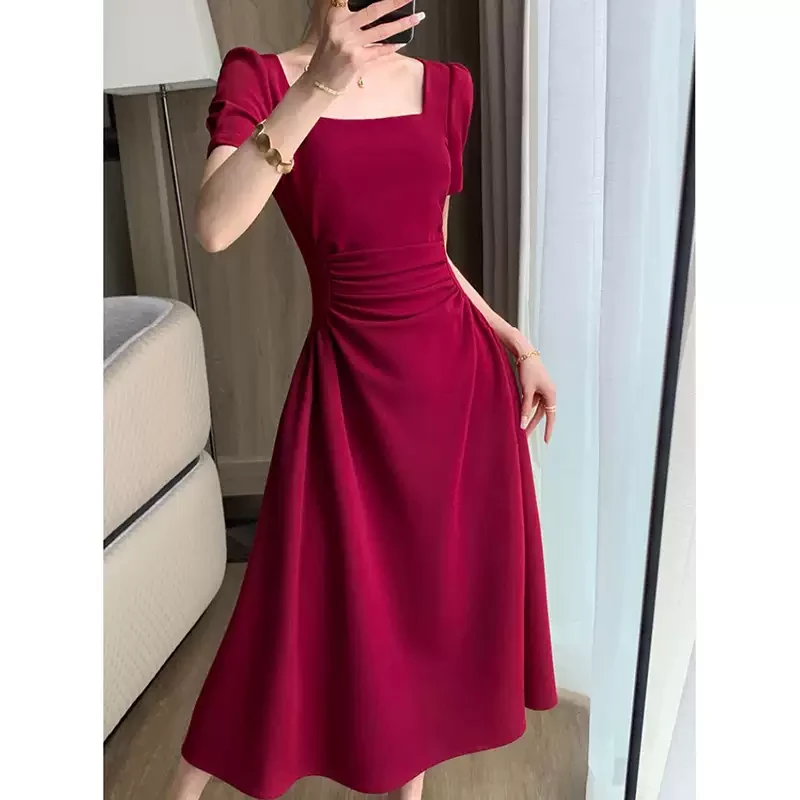 红色短袖连衣裙女夏季法式订婚礼服敬酒服平时可穿收腰红裙子长裙
