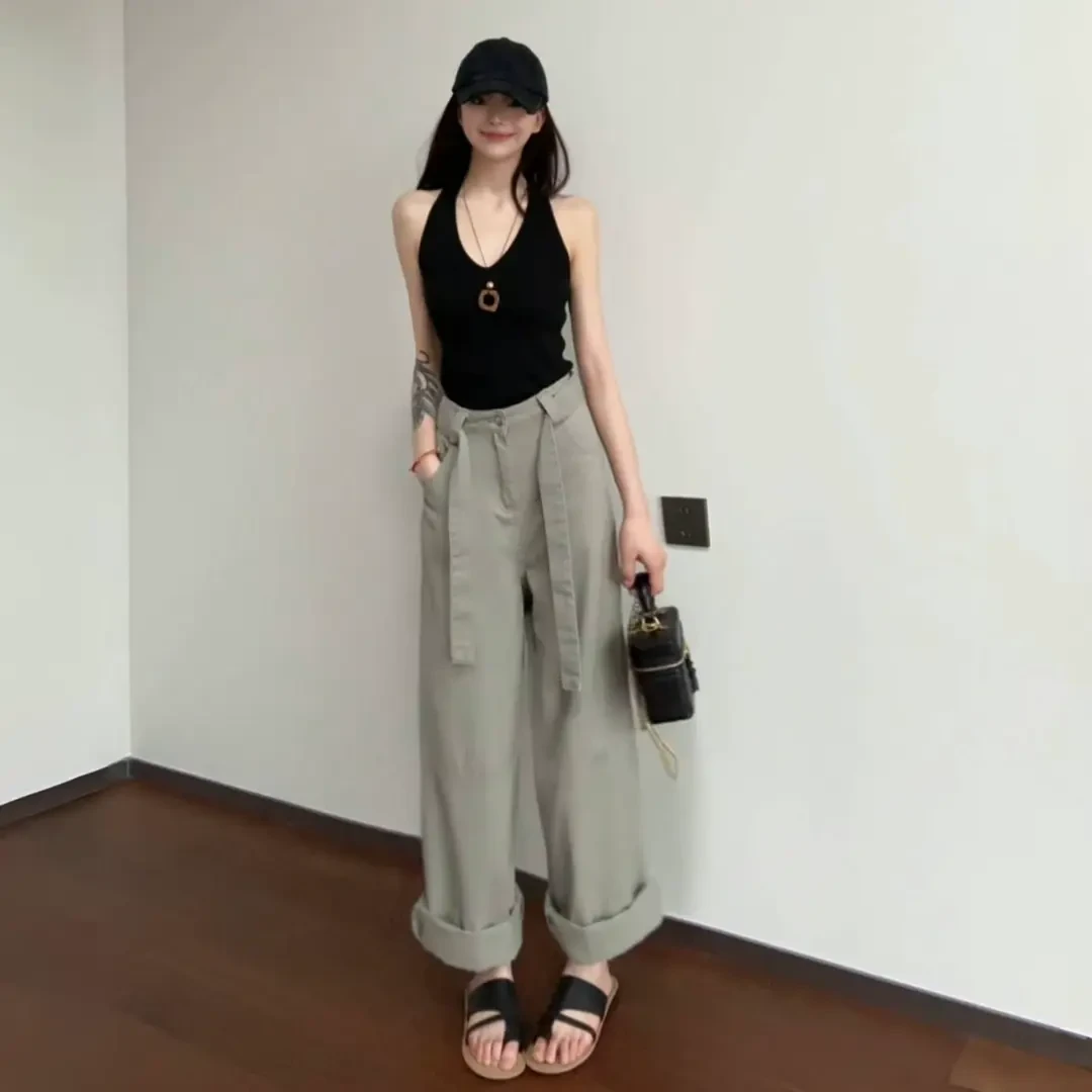 时尚新款灰绿色飘带休闲阔腿牛仔裤女2025年夏季高腰宽松显瘦长裤