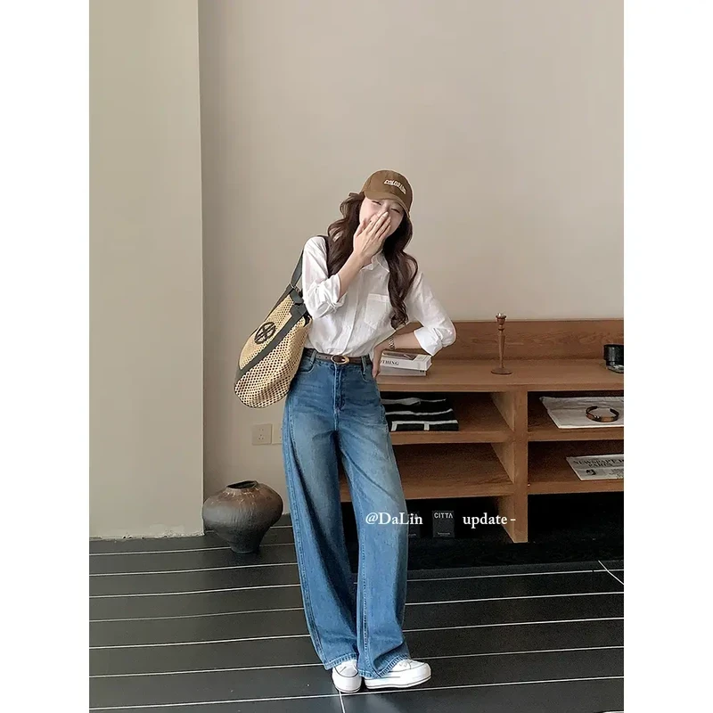 牛仔裤阔腿裤裤子长裤2025秋季宽松无弹力直筒弯刀裤小众水洗蓝色