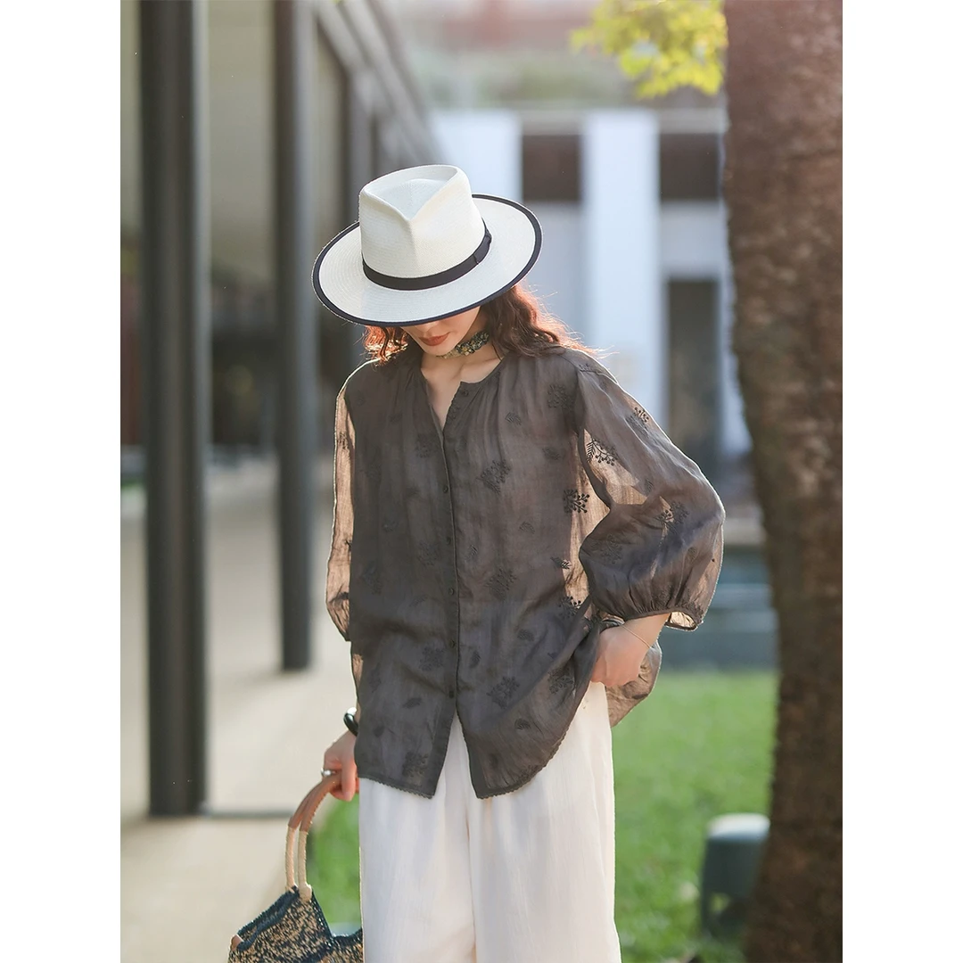 麻霖夏新品100支苎麻水溶刺绣圆领七分泡泡袖轻盈飘逸小开衫