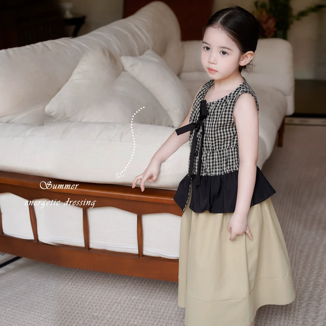 AnnieGirl格纹拼接荷叶边背心夏季新款女童森系无袖上衣半裙套装