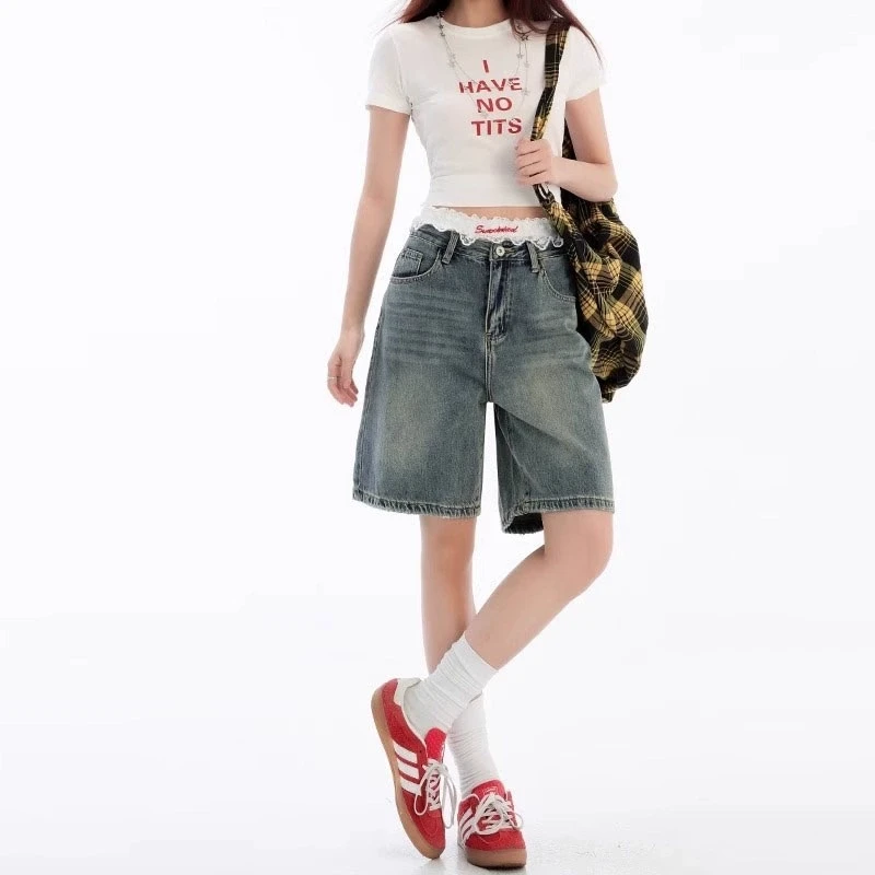 雪千羽经典复古蓝五分牛仔短裤女2025夏季新款高腰直筒显瘦阔腿裤