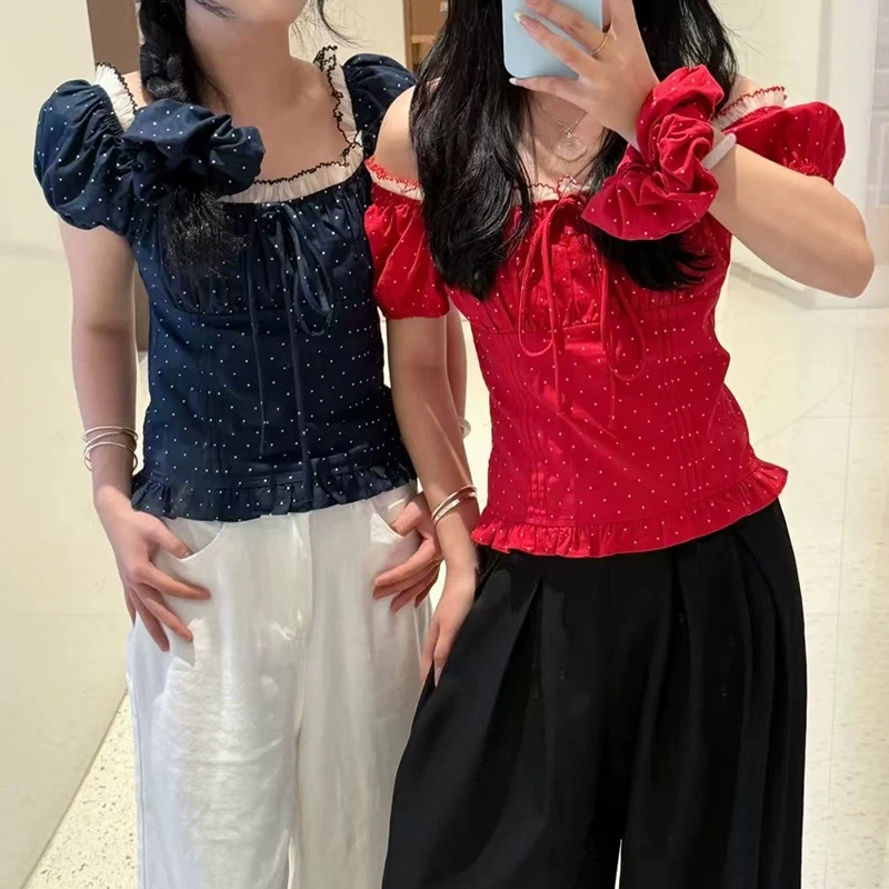 【6625】大码女装胖mm红色波点短袖衬衫女夏季甜美气质蕾丝花边上衣