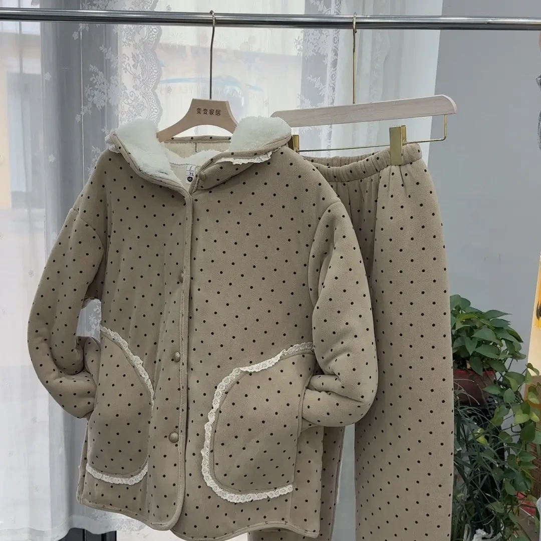 女士冬季三层加绒加厚连帽可外穿保暖碎花睡衣家居服