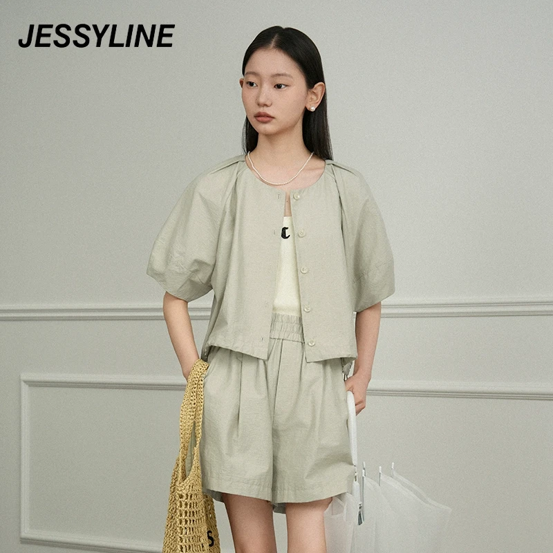 jessyline2025夏季新款 杰茜莱绿色衬衫短裤套装女 气质松弛休闲