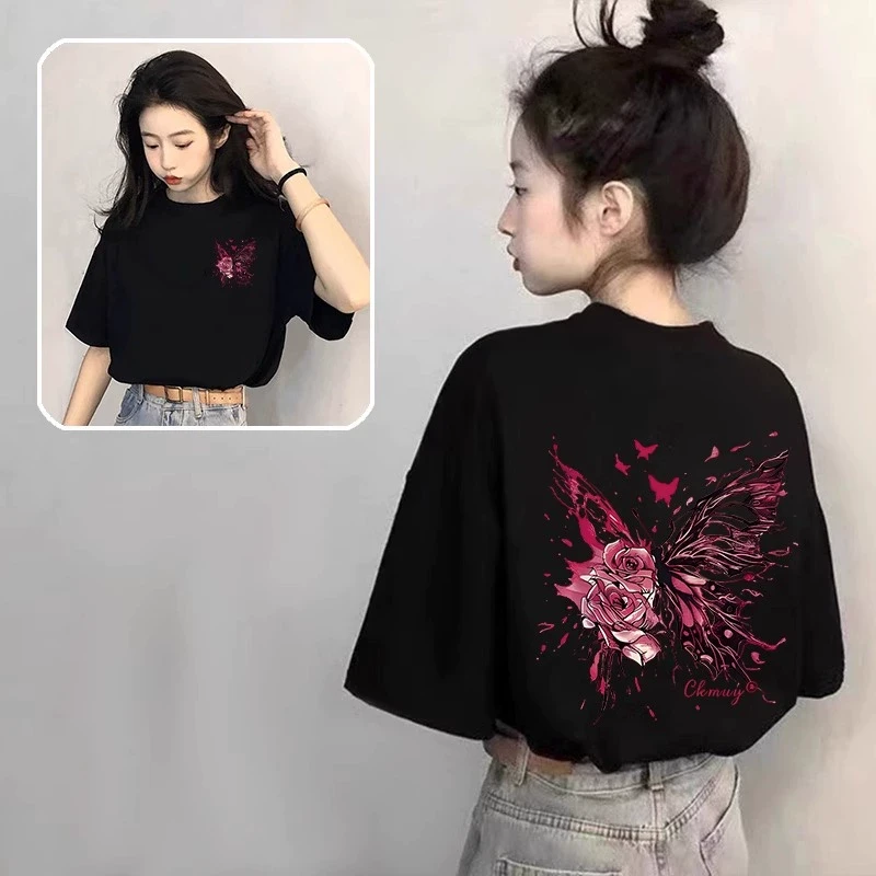 爆款纯棉黑色短袖t恤女2025新款夏季蝴蝶印花宽松设计感女款上衣